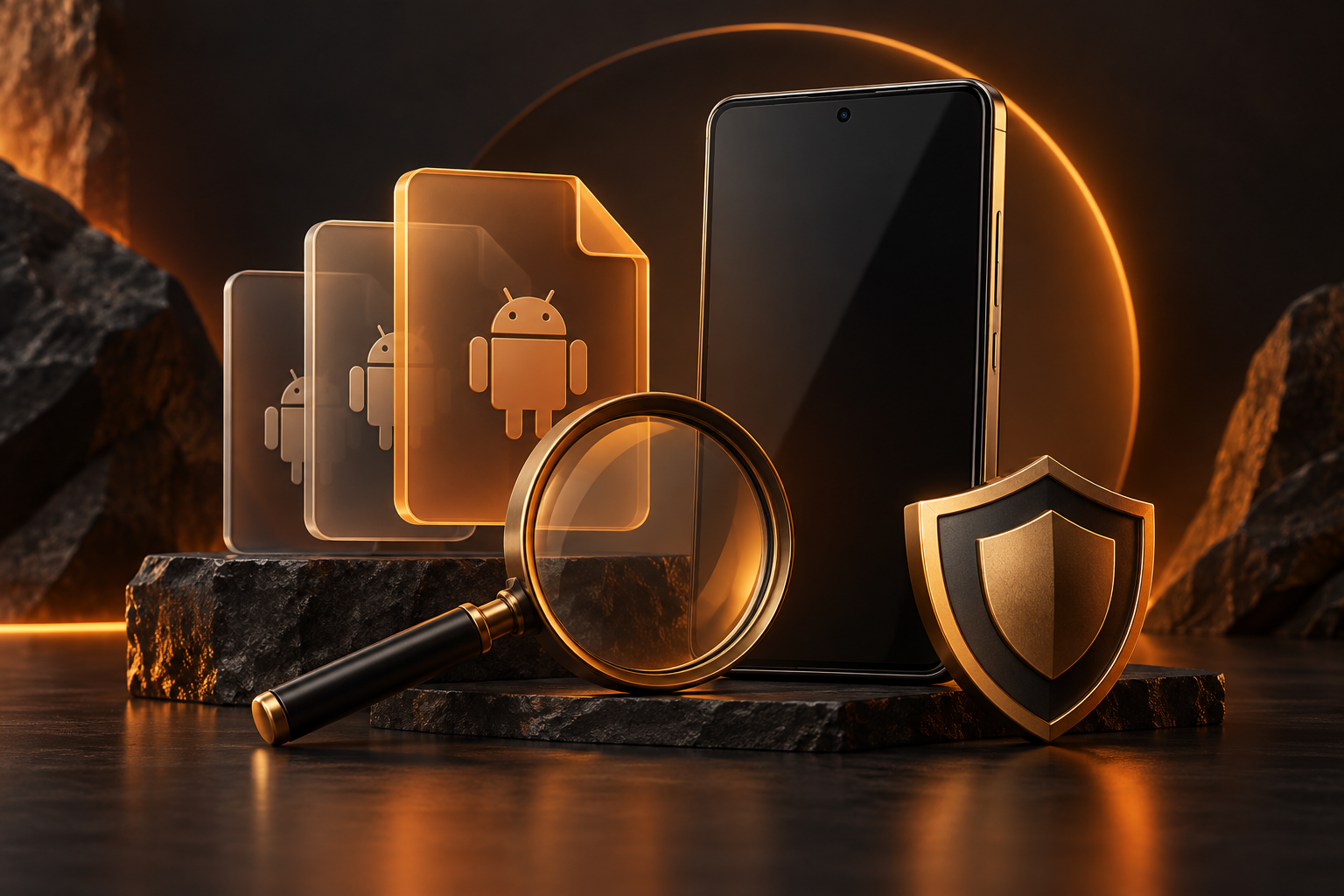 Illustrated smartphone with stacked software version cards, a magnifying glass, and a shield on an amber background