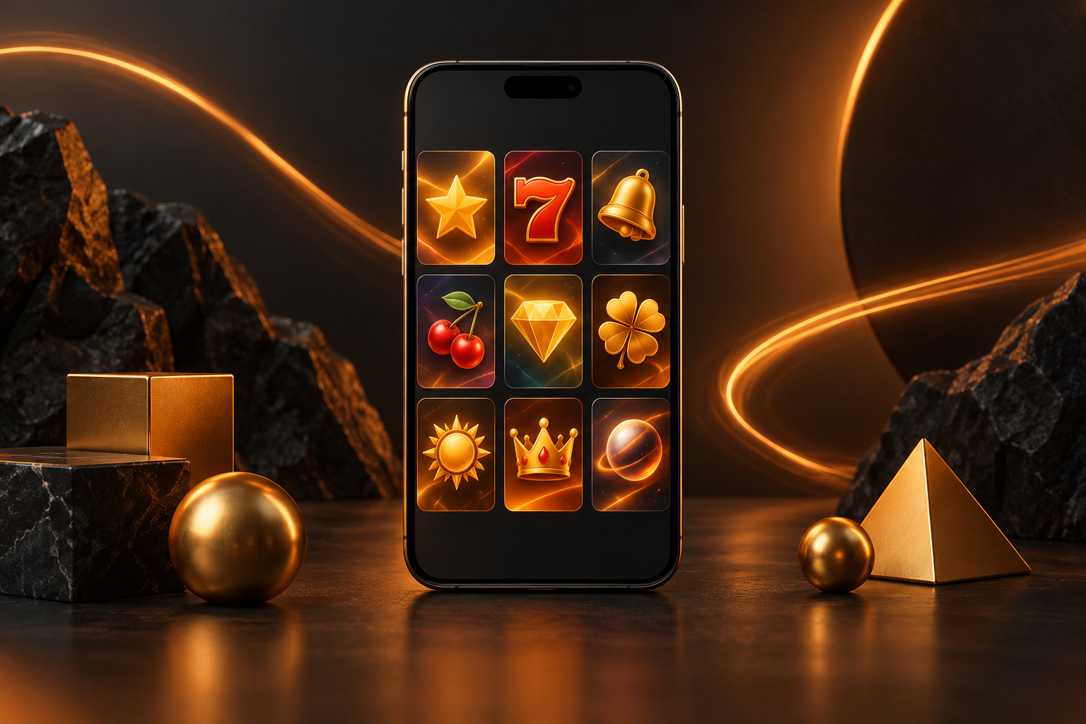 Illustrated smartphone with gold game symbols on an orange and charcoal background