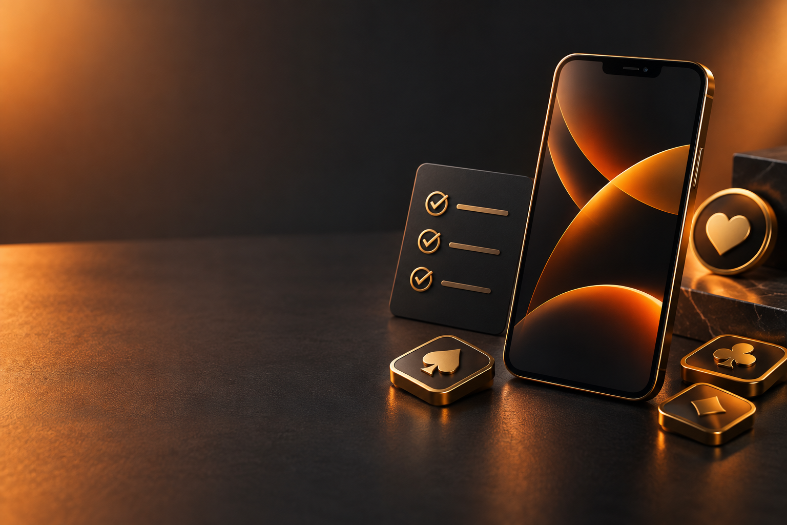Illustrated smartphone with gold game symbols on an orange and charcoal background